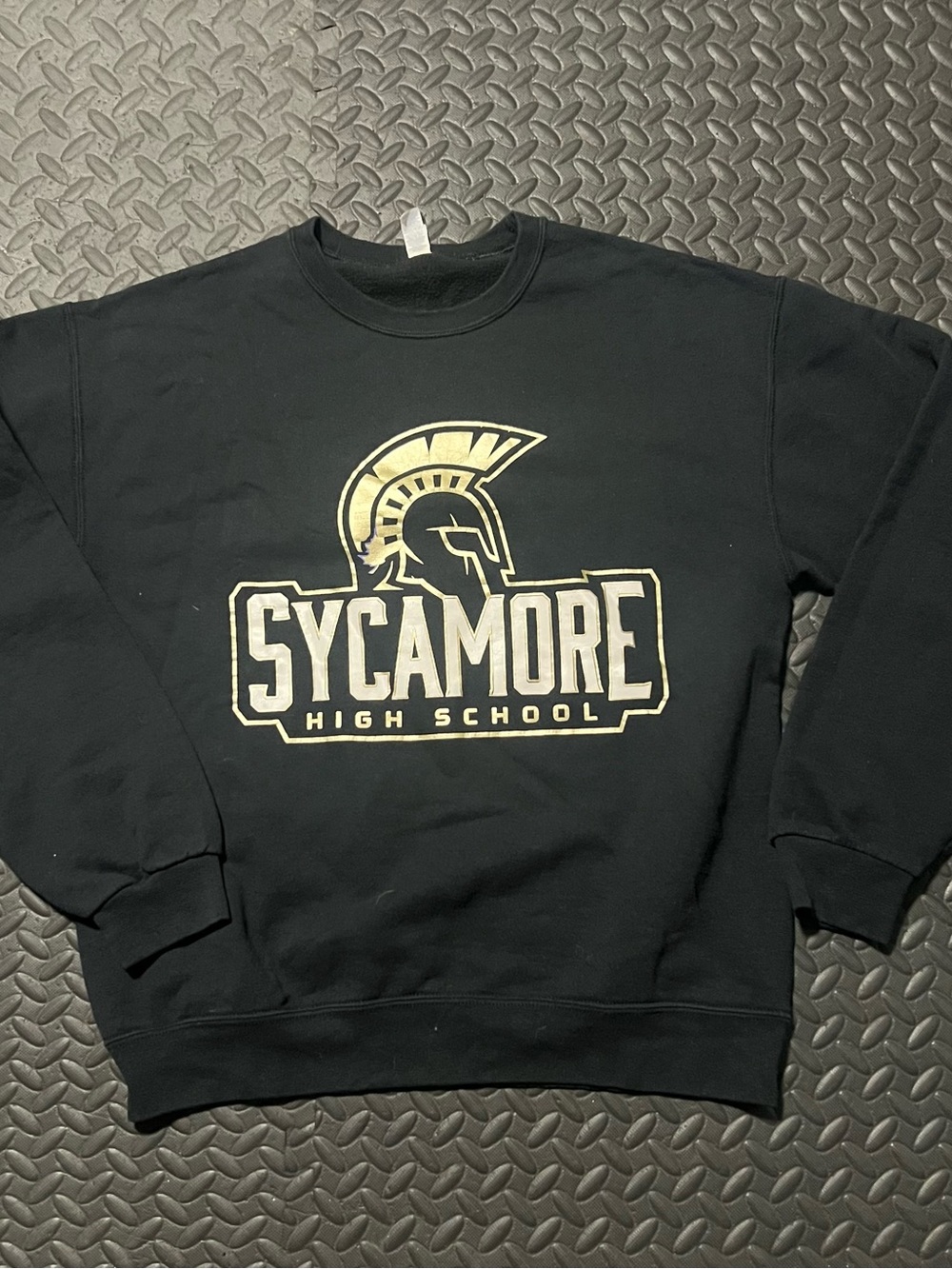 Jerzees Black Crewneck with Gold Sycamore High School Logo